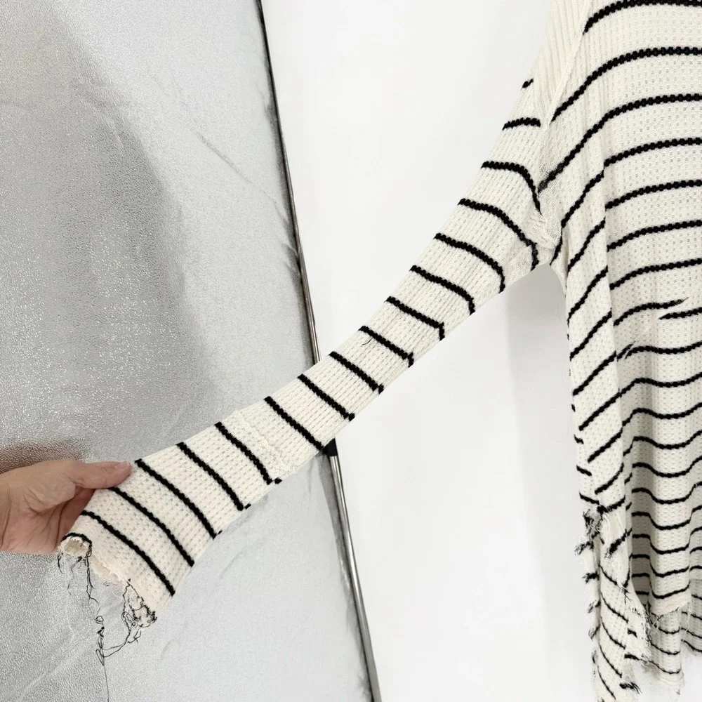Free People Sunset Park Oversized Thermal‎ Tunic Black/White Striped Size L Boho